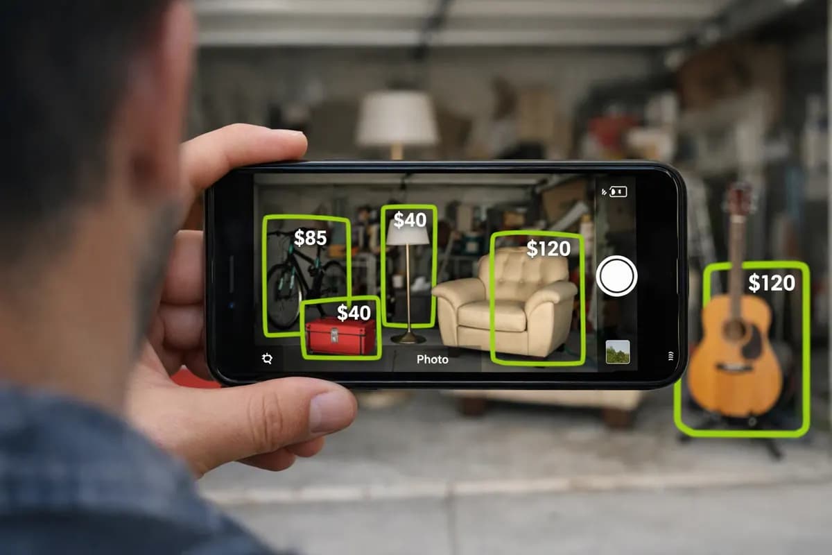 A phone camera view of a garage with green boxes and prices around each item