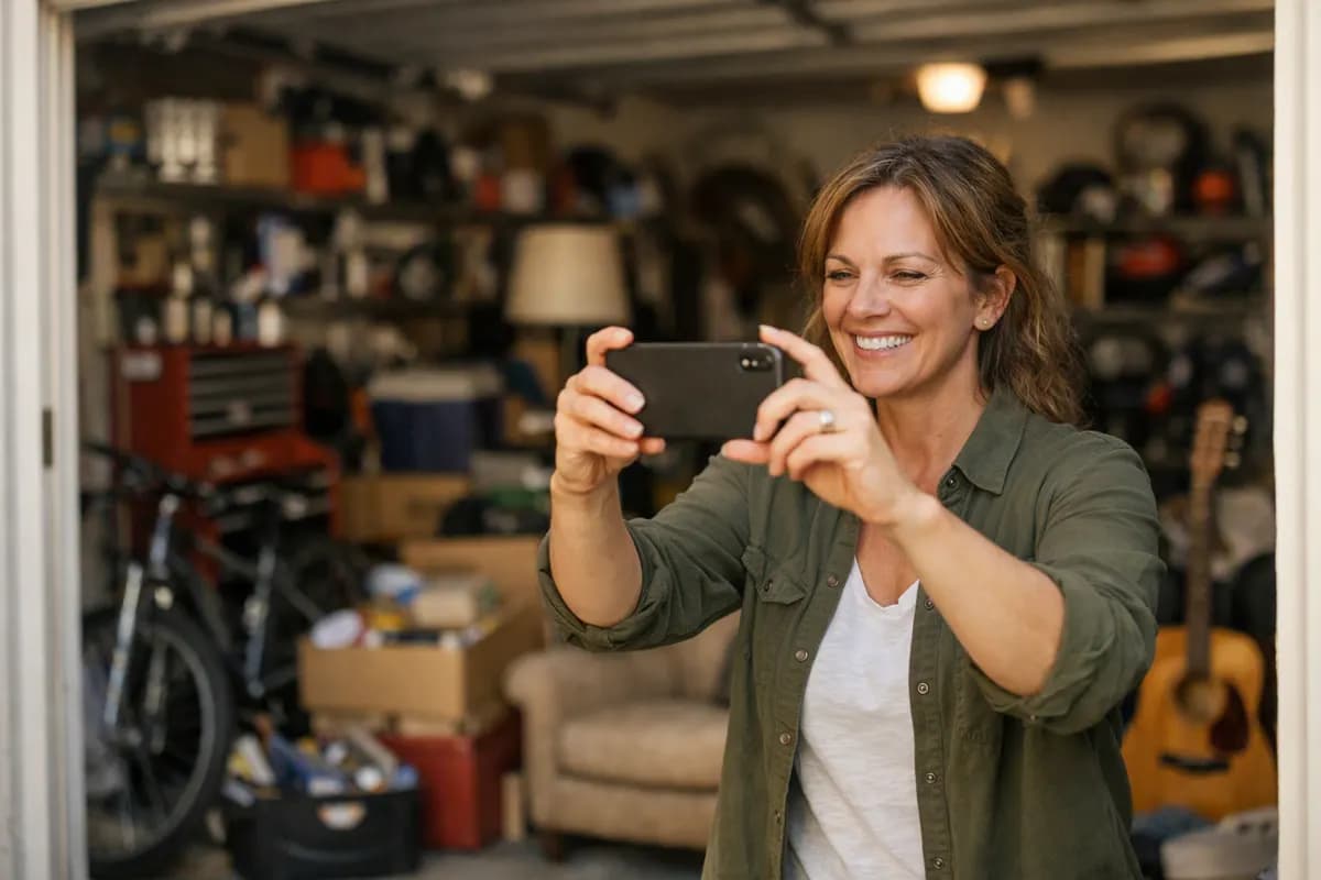 A woman filming her garage full of items with a phone