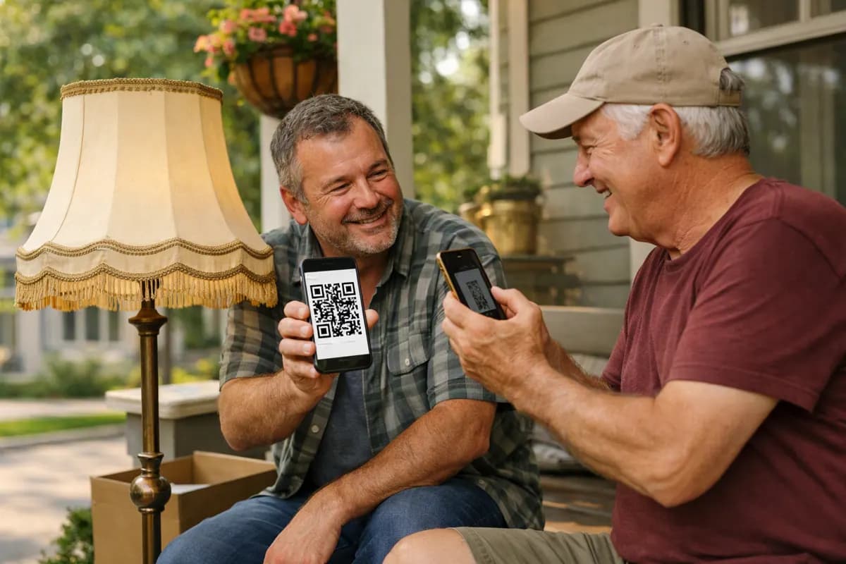 Two neighbors on a porch, one showing a QR code and the other scanning it, with a lamp being handed over
